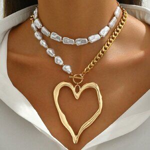 Gold Old Money Style Women's Exaggerated Metal Heart & Asymmetrical Faux Pearl N